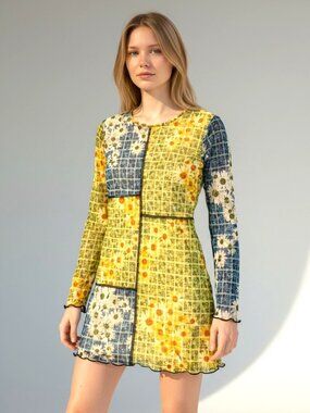 Altar’d State Patchwork Daisy Mesh Mini Dress XS